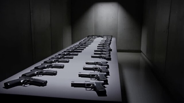 A slow orbit shot reveals dozens of modern silenced pistols perfectly arranged on a table in a secure vault. Dramatic spotlighting creates a cinematic espionage or hitman concept