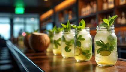 Row of four mojito cocktails on bar counter next to coconuts. Refreshing drinks with lime mint ice and straw prepared at tropical vacation resort. Summer party celebration beverage.