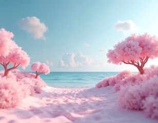 Dreamy pink trees and sand on ocean shore. Calm blue sea meets clear sky with soft clouds. Peaceful natural landscape invites to relax and escape.