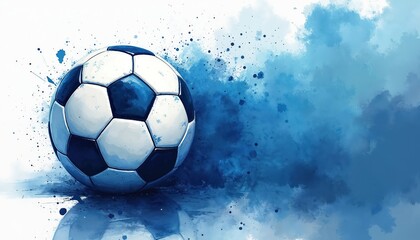 Soccer ball lies on surface with blue paint splashes. Graphic image is great for sport related advertising, banner, background and digital designs with copy space for logotype and brand.