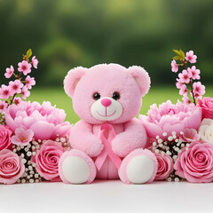 Fototapeta premium Pink teddy bear with breast cancer awareness ribbon surrounded by pink roses and flowers, soft background, symbol of care, love and hope