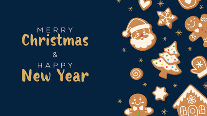 Christmas and New Year background with gingerbread cookies, Santa, tree, house and stars. Holiday winter illustration for celebration, invitations, posters, banners and greeting card.