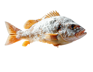A side view of a whole fish, seemingly coated in a white substance
