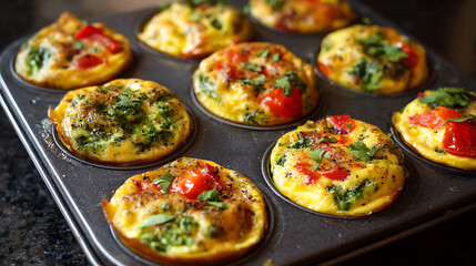 Colorful mini egg muffins filled with spinach and diced peppers are baked in a muffin pan, providing a healthy and tasty breakfast option for anyone looking for quick meal ideas.