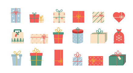 Gift boxes for christmas and birthday flat vector illustration set. Decorative presents and surprise boxes with ribbons