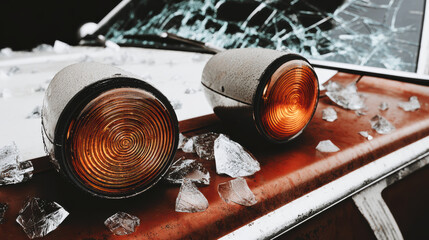 Old rusty car amber signal lights sit among shattered glass on worn metal evoking fearful abandoned roadside scene