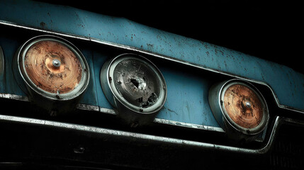 Rusty blue car headlight assembly with one cracked lens and weathered metal creating fearful vintage mood