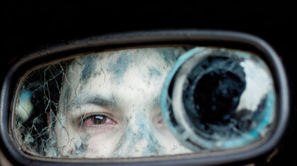 Fearful car mirror reflection of pale face with smudged paint and red eyes conveying eerie emotion