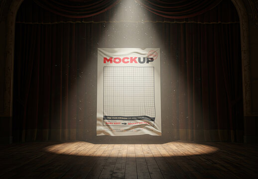 Page Poster Mockup on Theatre Stage Red Curtains Mockup