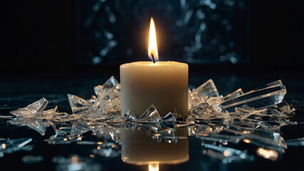 A lit candle surrounded by broken glass shards on a reflective surface, creating a somber and contemplative atmosphere with a dark background and a single source of light