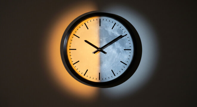 Wall clock showing day and night concept of Daylight Saving Time Change  