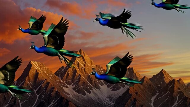 Group of peacocks flying over mountain peaks at sunset with mountains, wildlife
