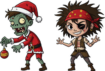 Zombie Santa with ornament, cartoon pirate with tattoos, festive horror contrast, character illustration, emotional scene, surreal Christmas and adventure theme