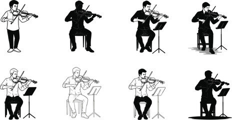Violin players in seated and standing poses, illustrated in silhouette, line art, and full color, ideal for music, education, and artistic themes