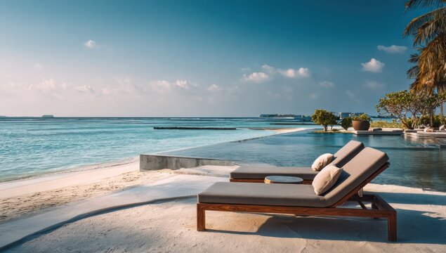 Beachfront relaxation scene with lounge chairs near infinity pool and ocean view