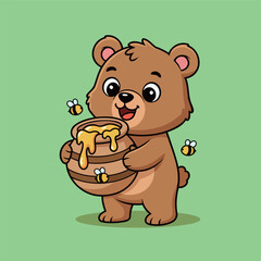 Adorable cartoon bear with honey pot and buzzing bees, a sweet treat for kids, perfect for storybooks, invitations, or delightful designs