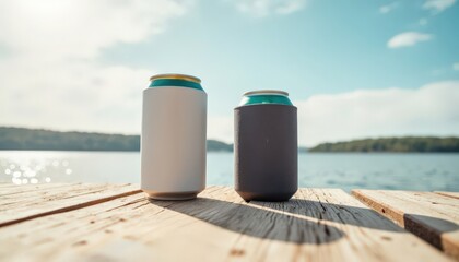 Naklejka premium Two beverage cans on wooden dock by the lake in summer sunlight 