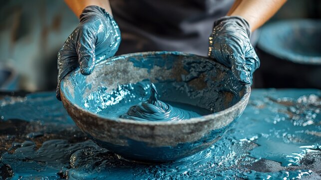 Artisan Hands Holding Bowl of Vibrant Blue Pigment, Mixing Paint, Creative Process, Studio Setting, Close Up - Powered by Adobe
