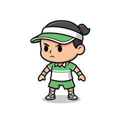 Determined cartoon tennis player with green visor ready for the match, perfect for sports marketing, kids' content, or mascot branding, vibrant and fun