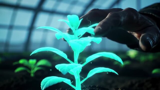 Glowing plant being touched by hand inside a greenhouse with soft lighting