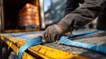 Worker securing load with straps on a truck