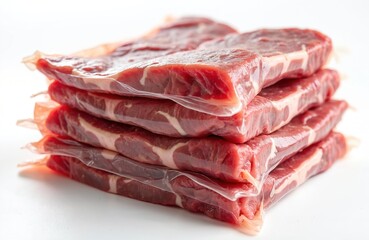 Raw lamb chops are stacked neatly in vacuum sealed plastic packages. Fresh red meat with white fat marbling is ready for sale at market or butcher. Beef steaks prepared for cooking.