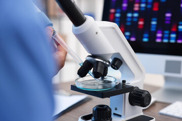 Research in genetics. Scientist working with microscope at table in laboratory, closeup