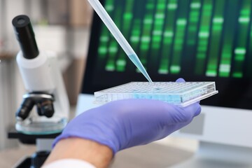 Research in genetics. Scientist with micropipette and microplate working in laboratory, closeup