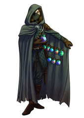 fantasy hooded ady with potions and armor illustration