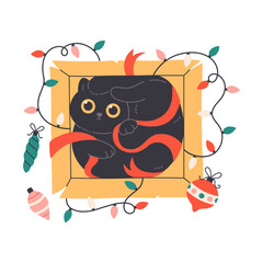 Cute cat in box with Christmas toys and garland. Feline Xmas fun. Merry Christmas. Flat vector illustration isolated on white background