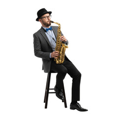 Stylish musician with saxophone seated against an isolated transparent backdrop