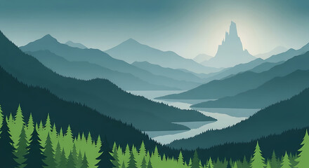 Fototapeta premium Panoramic view of a vast mountain range with a winding river and pine forest, under a hazy sky