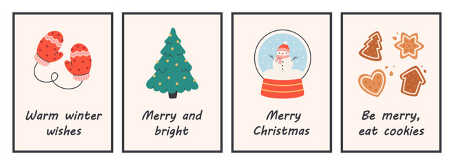 Cute simple Christmas posters. Trendy hand drawn doodle cozy winter poster set with quotes. Perfect for cards, invitations, posters, home decor, and seasonal design. Flat vector illustration