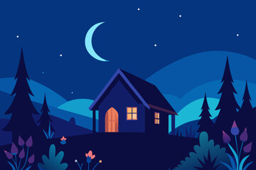 Cozy a frame cabin nestled amongst pine trees under a crescent moonlit night sky with stars and rolling hills