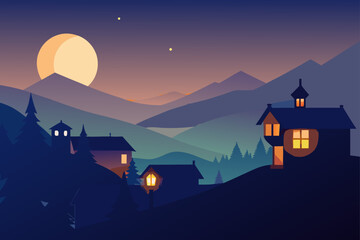 Peaceful mountain village scene at dusk with a large moon and glowing windows in cozy houses surrounded by pine trees