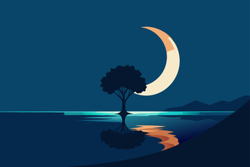 Serene night landscape with a solitary tree silhouetted against a crescent moon reflecting in calm water with distant mountains