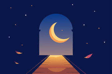 A mystical glowing pathway leads through an ancient archway towards a crescent moon and stars in a dark twilight sky