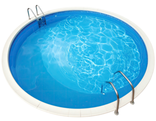 Round pool with blue water and metal ladders