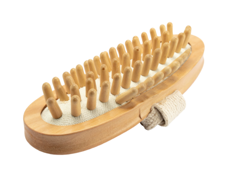 Light-brown wooden body brush with small, pointed, light-tan bristles
