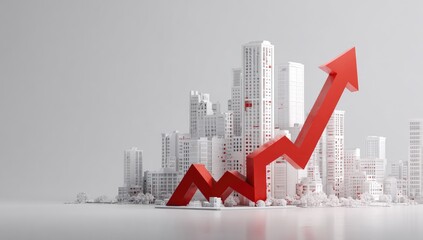 A red arrow, pointing upwards, traverses a white cityscape, suggesting progress