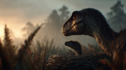 A majestic dinosaur watches over its young nestling in a misty, prehistoric landscape.