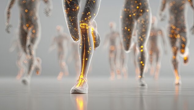Group of transparent figures running, with glowing lines suggesting energy flow - Powered by Adobe
