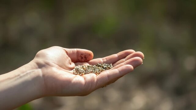 Close-up of hand holding seeds, symbolizing growth and agriculture, in sunny outdoor setting