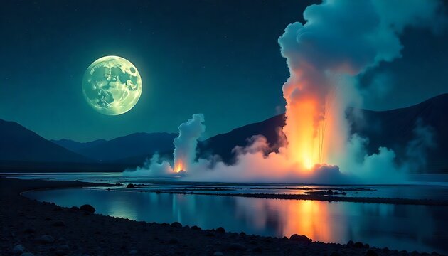 Nighttime Eruption Scene with Lava Geysers, Full Moon, and Reflected Water - Powered by Adobe