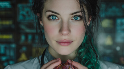 A scienctist woman green hair holding human heart on her hand , lab background.