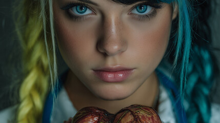 Close up a young doctor blue eyes , holding the heart on her hand.