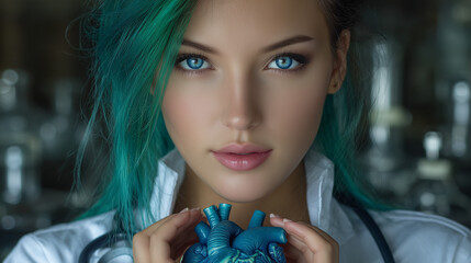 Close up beautiful doctor blue eyesgreenr hair , holding a human heart blue color on her hand.