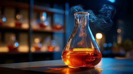 A scientific flask with orange liquid and smoke in a laboratory setting.