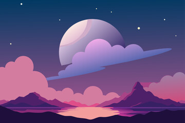 A surreal alien landscape at twilight with a large planet in the sky and colorful clouds over mountains and a reflective lake