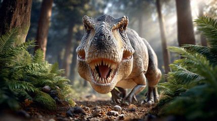 A fearsome Tyrannosaurus Rex roars menacingly in a prehistoric forest.
